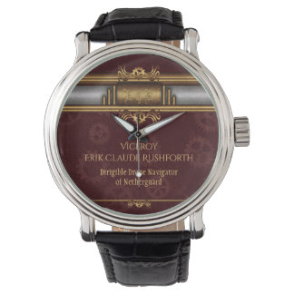 Steampunk, brass on marroon gearwheels, Monogram Watch