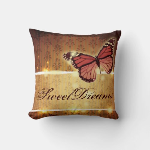 steampunk brown Gold Damask glamorous Butterfly Throw Pillow