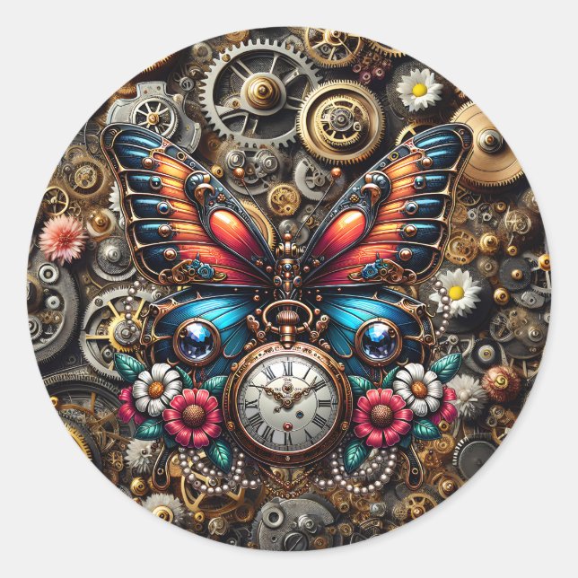 Steampunk Butterfly and Pockletwatch Classic Round Sticker (Front)
