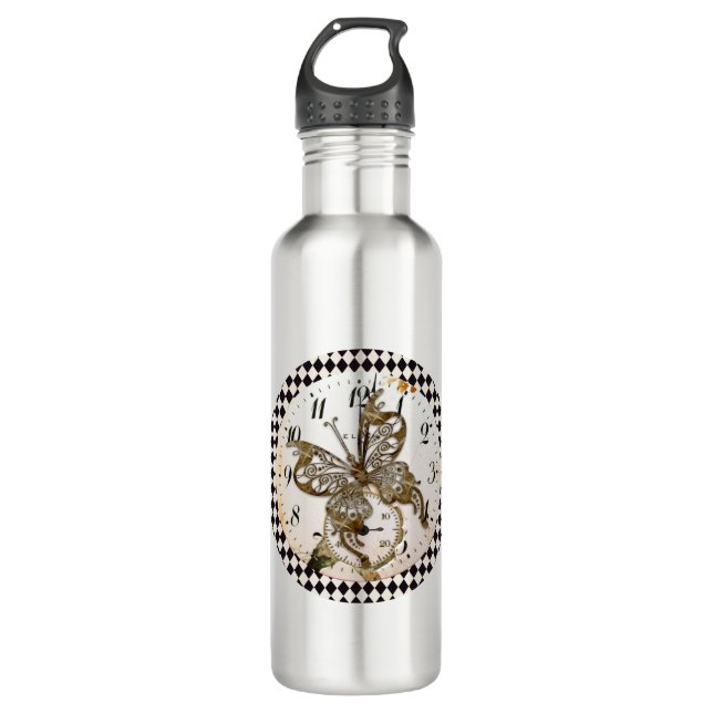 Steampunk Butterfly Round Stainless Steel Water Bottle (Front)