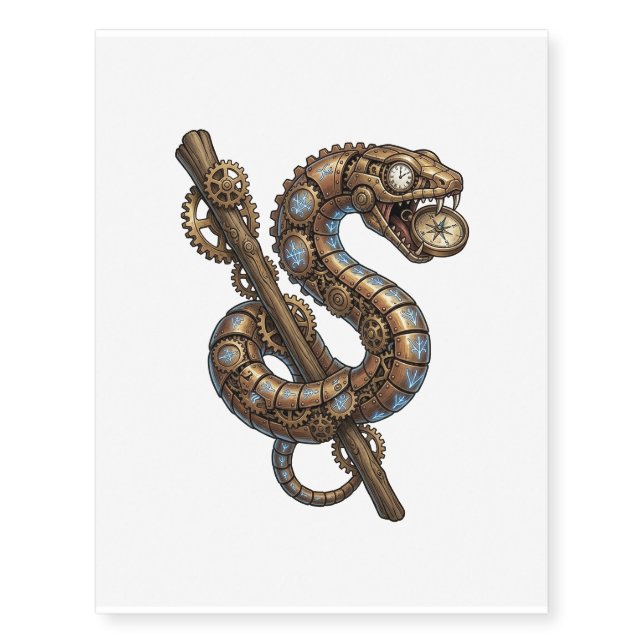 Steampunk Caduceus Mechanical Snake and Serpent  Temporary Tattoos (Front)