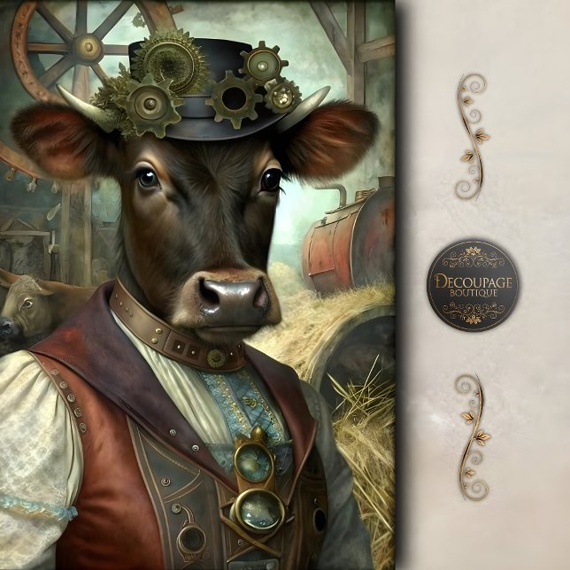 Steampunk Calf Whimsical Vintage Farm Decoupage Tissue Paper (Steampunk Calf Portrait – Whimsical Vintage Farm Art Decoupage Tissue Paper)