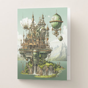 Steampunk Castle Hot Air Balloon Island Mountains Pocket Folder