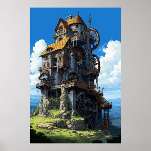 Steampunk Castle with Giant Wheel _ Unique Mortal  Poster