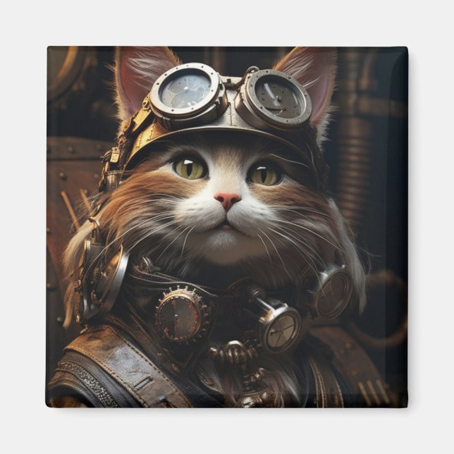 Steampunk Cat Art Illustration Magnet (Front)