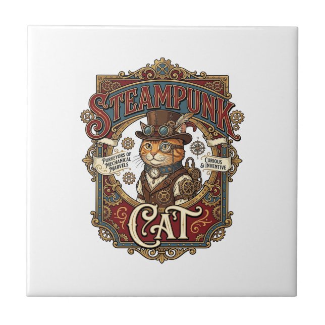 Steampunk Cat Cat Steampunk Vintage Ceramic Tile (Front)