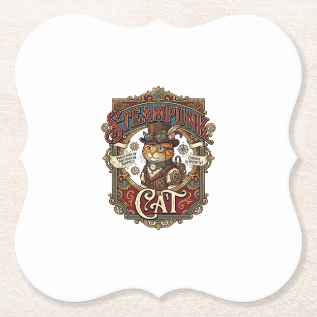 Steampunk Cat Cat Steampunk Vintage Paper Coaster (Front)