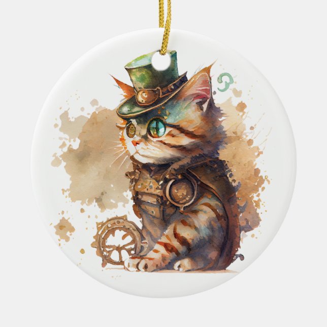Steampunk Cat Ceramic Ornament (Front)