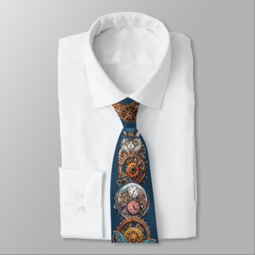 Steampunk Cat Dark Navy Blue Neck Tie