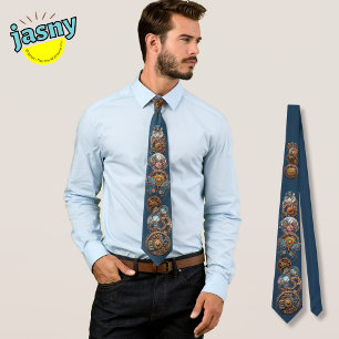 Steampunk Cat Dark Navy Blue Neck Tie