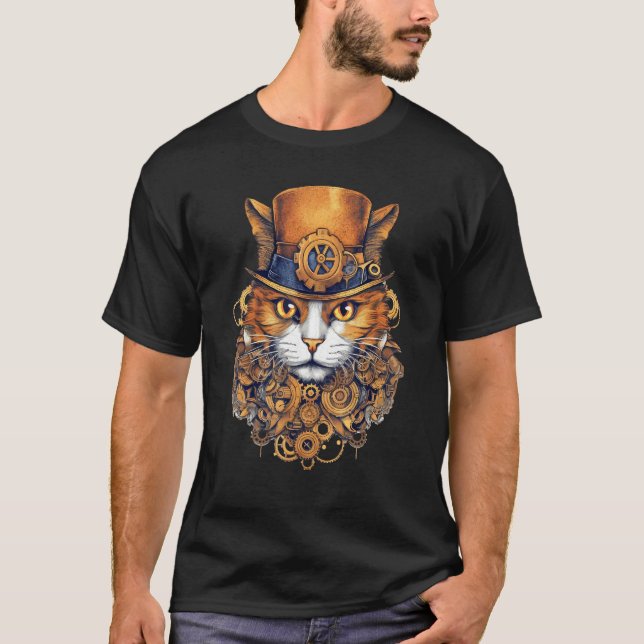Steampunk Cat Gears Graphic Design Cat  Fantasy 1 T-Shirt (Front)