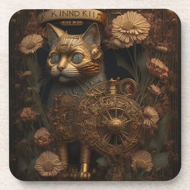 Steampunk Cat Gothic Digital Art Beverage Coaster (Front)