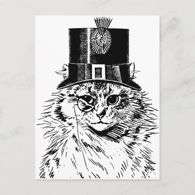 Steampunk Cat Greeting Card, Kitty in Top Hat Postcard (Front)