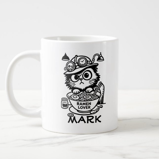 Steampunk Cat Grumpy Ramen Funny Giant Coffee Mug (Left)