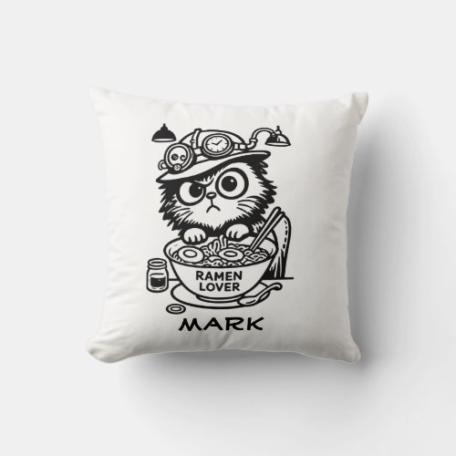 Steampunk Cat Grumpy Ramen Funny Throw Pillow