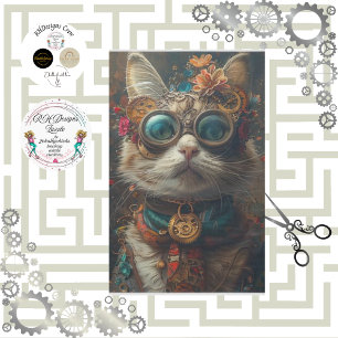 Steampunk Cat Guardian Teal Orange Decoupage Tissue Paper
