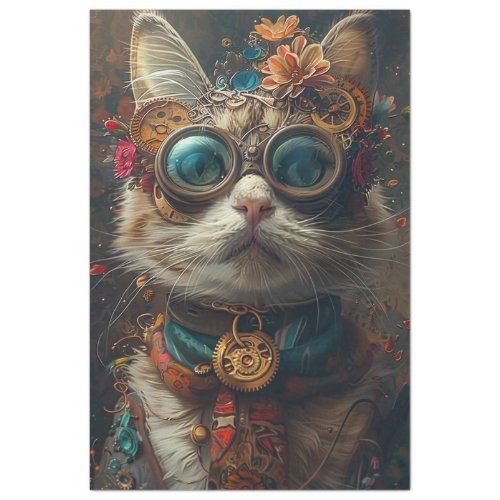 Steampunk Cat Guardian Teal Orange Decoupage  Tissue Paper