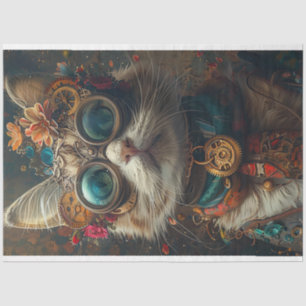 Steampunk Cat Guardian Teal Orange Decoupage Tissue Paper