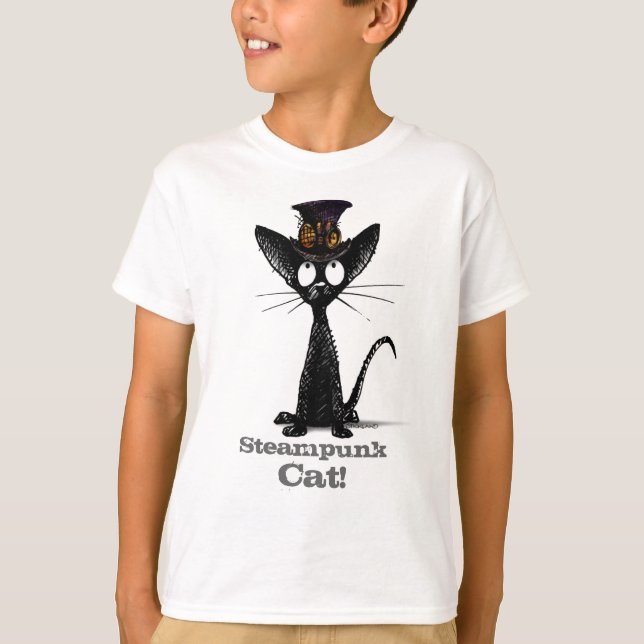 Steampunk Cat in a Hat Funny Custom Kids T-Shirt (Front)