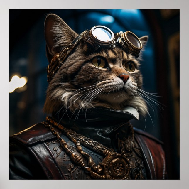 Steampunk Cat in Uniform Retro Poster (Front)