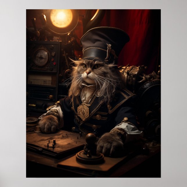 Steampunk Cat in Uniform Retro Poster (Front)