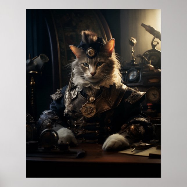 Steampunk Cat in Uniform Retro Poster (Front)