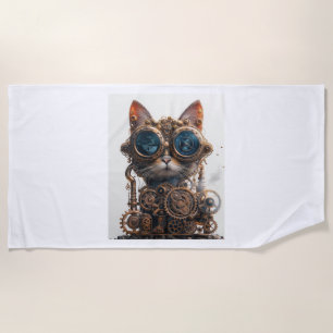 Steampunk Cat Inventor Beach Towel