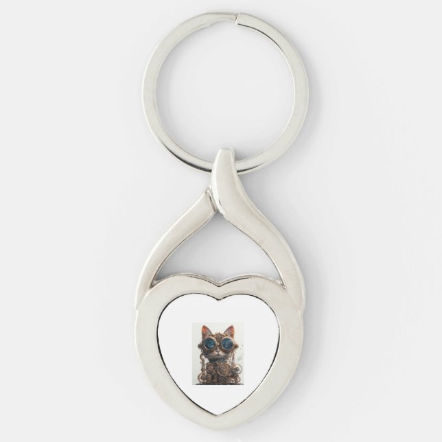 Steampunk Cat Inventor Keychain (Front)