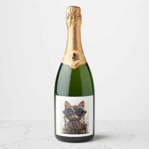 Steampunk Cat Inventor Sparkling Wine Label