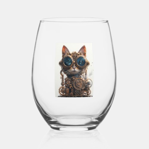 Steampunk Cat Inventor Stemless Wine Glass