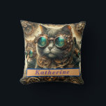 Steampunk Cat Personalized Throw Pillow<br><div class="desc">Indulge in the whimsical allure of our Steampunk Cat Throw Pillow, a masterpiece of design that seamlessly blends Victorian elegance with industrial charm. The rich color palette of browns, blacks, blue-greens, and golds creates a sumptuous backdrop for the intricate steampunk cat motif that graces the pillow. This feline marvel, adorned...</div>