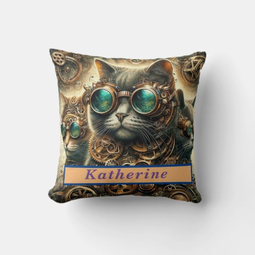 Steampunk Cat Personalized Throw Pillow