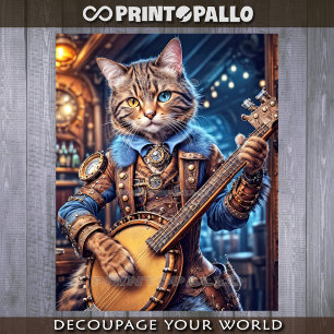 Steampunk cat playing banjo in blue pub - tissue paper