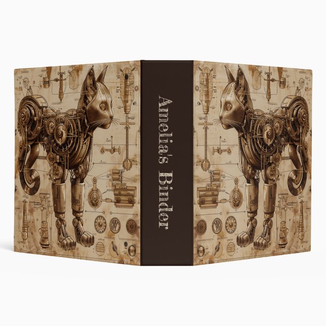 Steampunk Cat Retro 3 Ring Binder (Background)