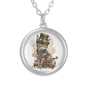 Steampunk Cat Silver Plated Necklace