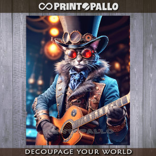 Steampunk cat: top hat, goggle, guitar - Decoupage Wrapping Paper Sheets