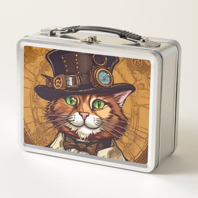 Steampunk cat vintage lunch box (Front)