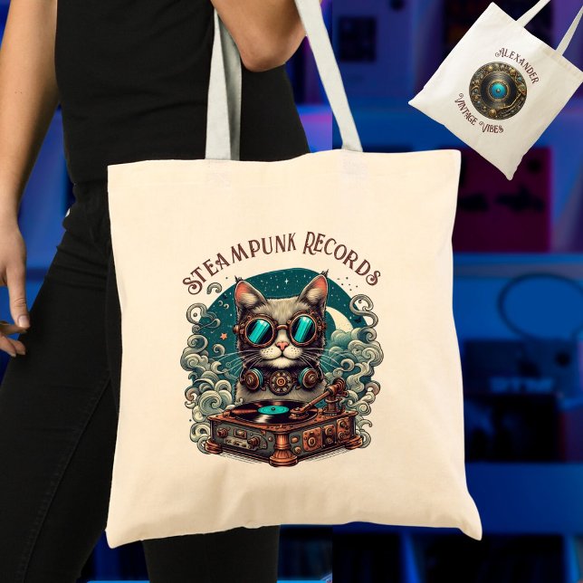 Steampunk Cat Vinyl Record Player Personalized Tote Bag (Creator Uploaded)