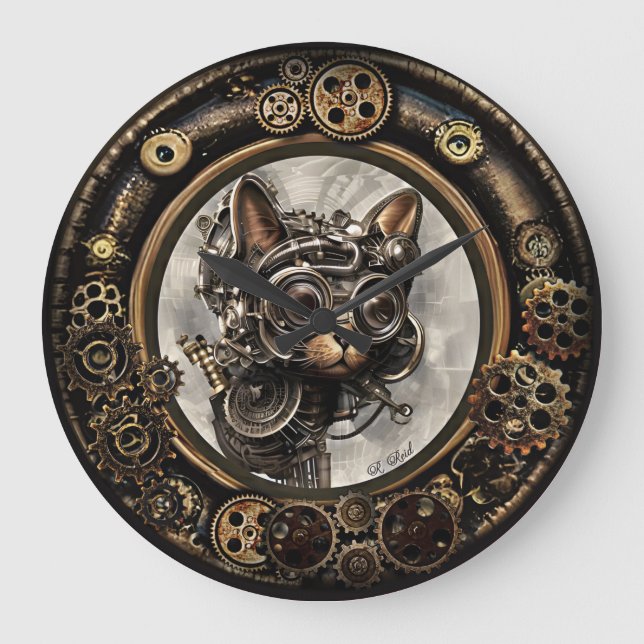 Steampunk Cat Wearing Goggles - WALL CLOCK (Front)