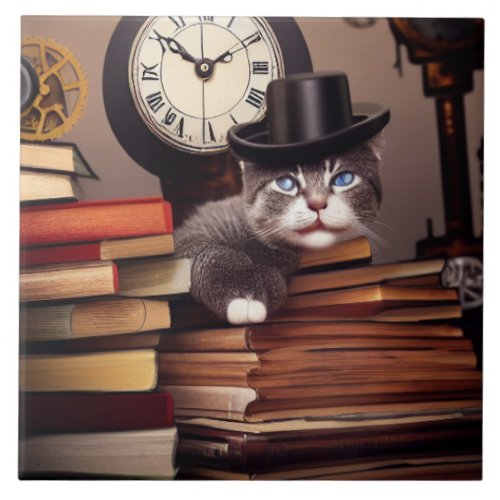 Steampunk cat with books Ceramic Tile
