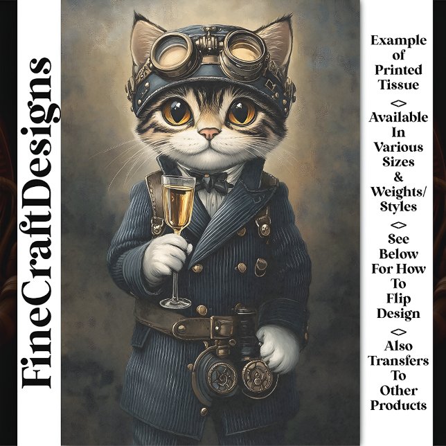 Steampunk Cat With Champagne AG8O Decoupage Tissue Paper (Creator Uploaded)