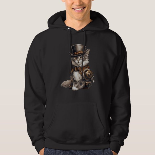 Steampunk Cat With Hat Graphic Design Cat  Fantasy Hoodie (Front)