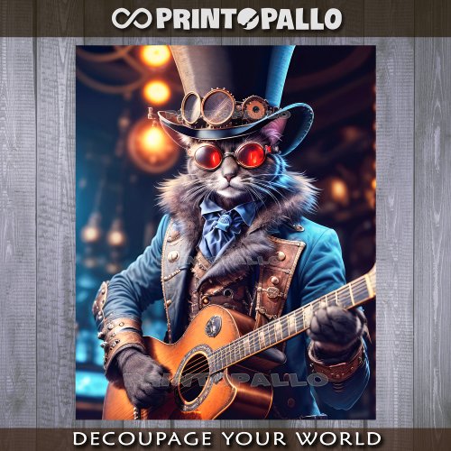 Steampunk cat with top hat  goggle playing guitar tissue paper