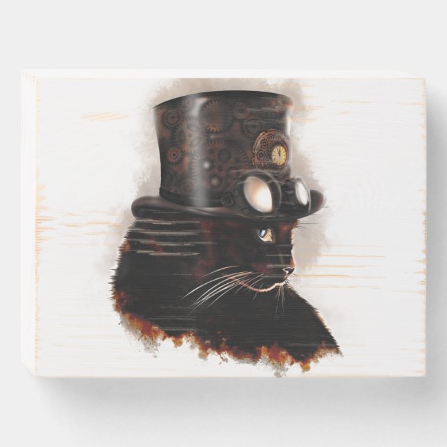 Steampunk Cat Wooden Box Sign (Front Horizontal)