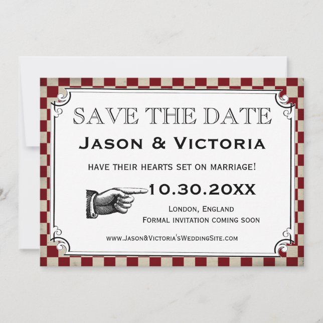 Steampunk Checkerboard Wedding Save the Date Cards (Front)