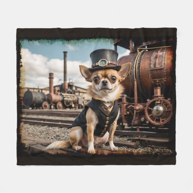 Steampunk Chihuahua and Train Fleece Blanket (Front (Horizontal))