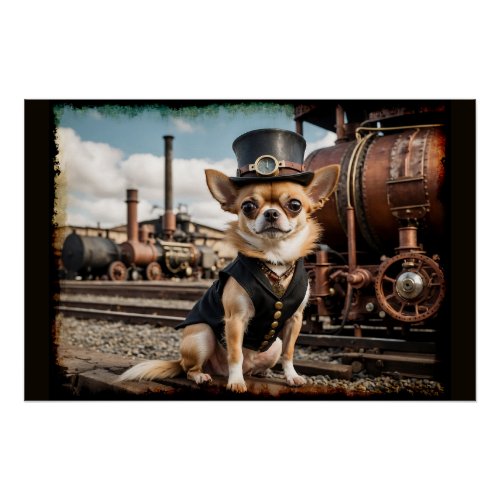 Steampunk Chihuahua and Train Poster