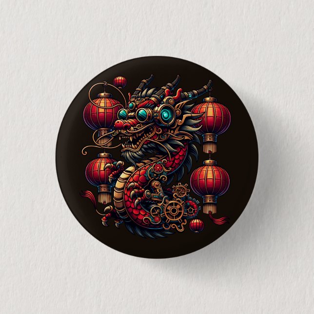 Steampunk Chinese New Year Dragon Button (Front)