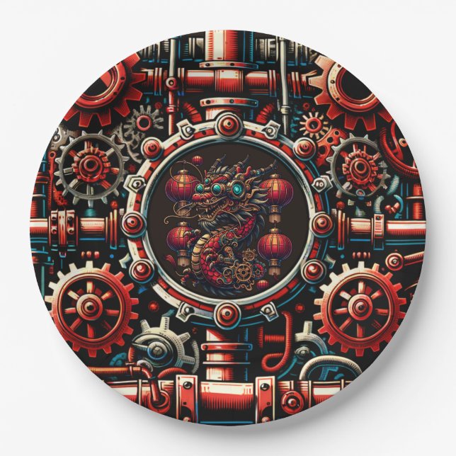 Steampunk Chinese New Year Dragon Paper Plates (Front)