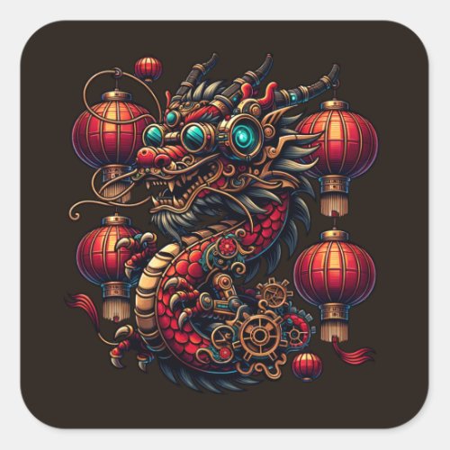 Steampunk Chinese New Year Dragon Square Sticker